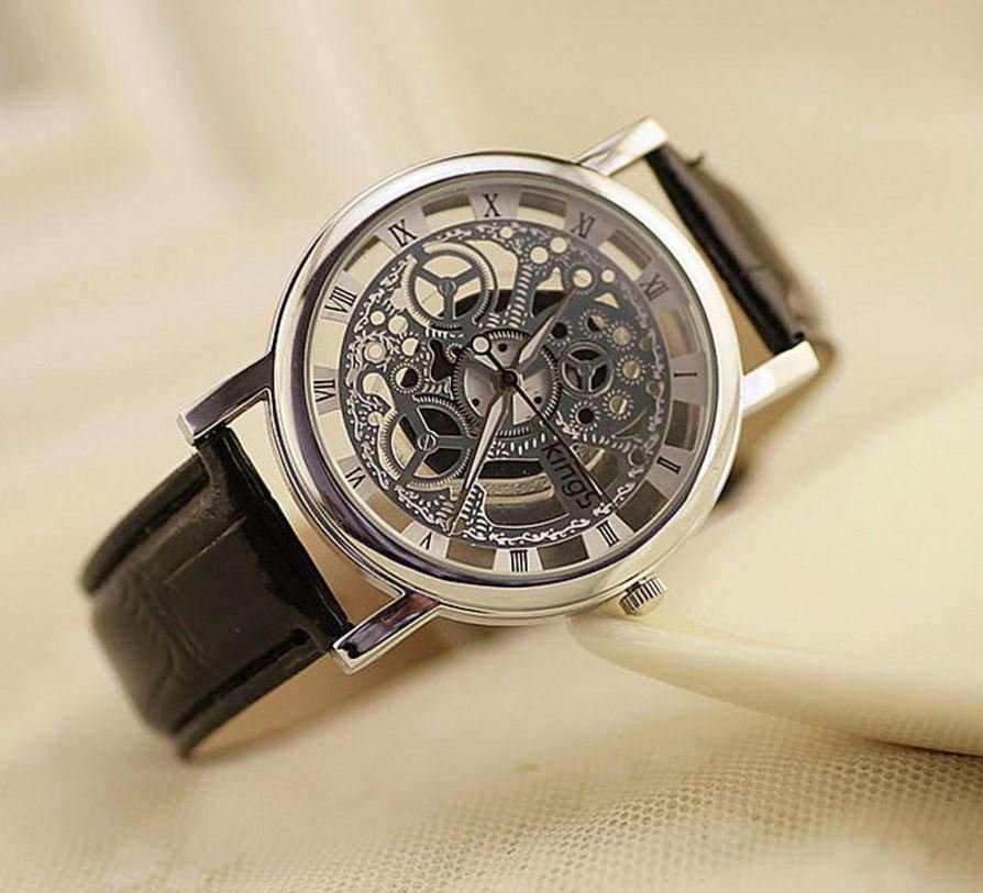 Trendy Men's Stainless Steel & Leather Skeleton Wrist Watch in Silver & Brown