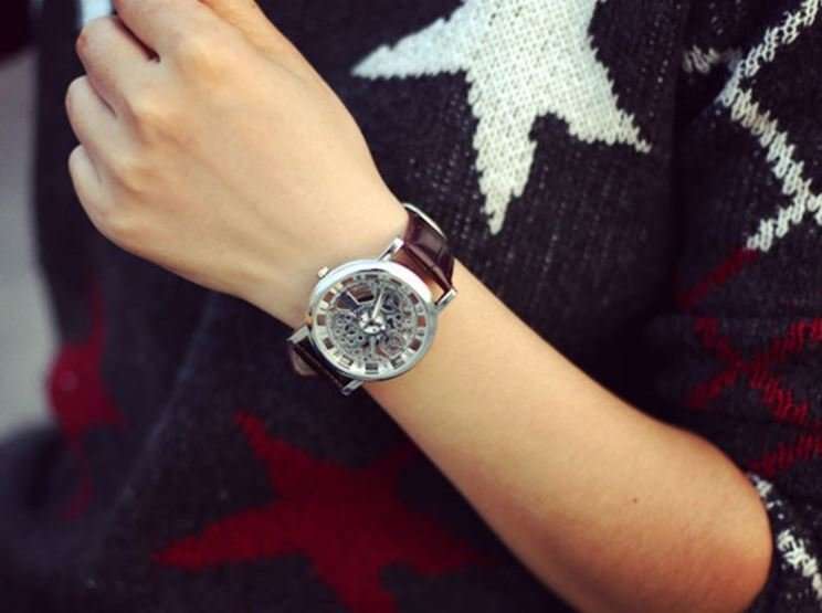 Trendy Men's Stainless Steel & Leather Skeleton Wrist Watch in Silver & Brown