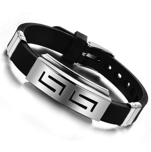 Men's Fashion Black Silicone Bracelet With Stainless Steel Geometric Bezel Setting