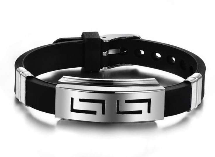 Men's Fashion Black Silicone Bracelet With Stainless Steel Geometric Bezel Setting