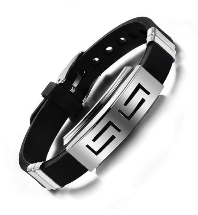 Men's Fashion Black Silicone Bracelet With Stainless Steel Geometric Bezel Setting