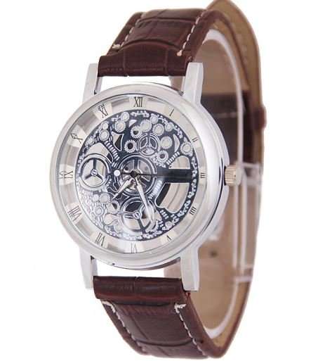 Trendy Men's Stainless Steel & Leather Skeleton Wrist Watch in Silver & Brown