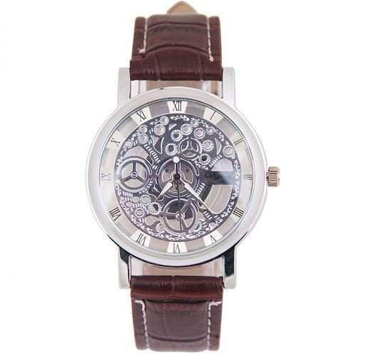 Trendy Men's Stainless Steel & Leather Skeleton Wrist Watch in Silver & Brown