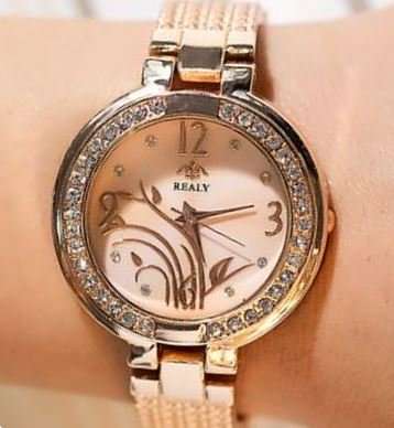 Elegant REALY Rose Gold & Rhinestone Ladies Wrist Watch With Stunning Inlay Detail