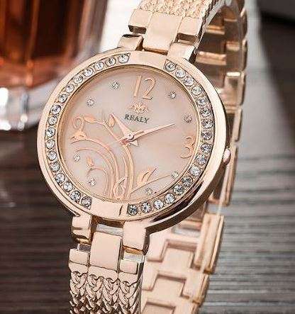 Elegant REALY Rose Gold & Rhinestone Ladies Wrist Watch With Stunning Inlay Detail