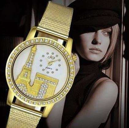 Elegant Rose Gold & Austrian Crystal Eiffel Tower Wrist Watch With Mesh Band