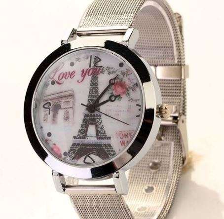 Show Your Love With an Elegant Silver Eiffel Tower Wrist Watch With Mesh Band
