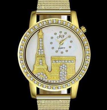 Elegant Rose Gold & Austrian Crystal Eiffel Tower Wrist Watch With Mesh Band