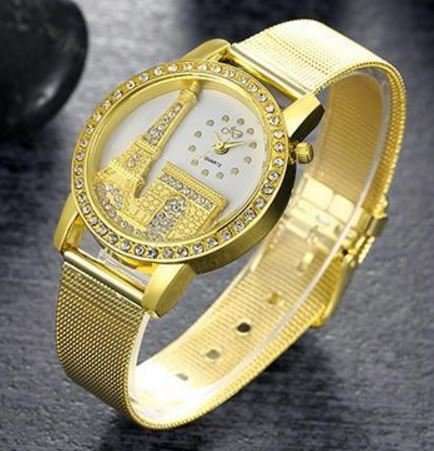 Elegant Rose Gold & Austrian Crystal Eiffel Tower Wrist Watch With Mesh Band