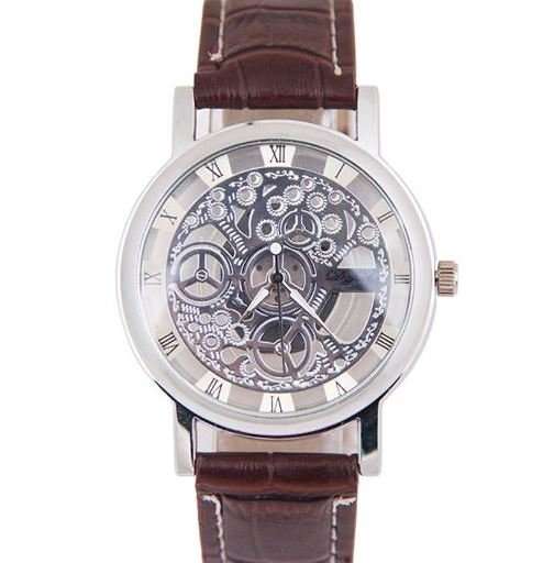 Trendy Men's Stainless Steel & Leather Skeleton Wrist Watch in Silver & Brown