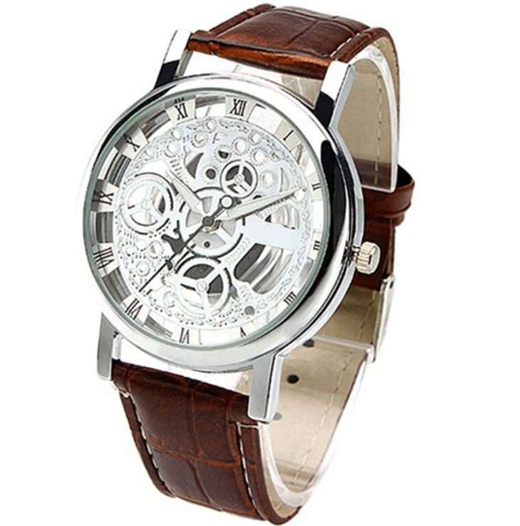 Trendy Men's Stainless Steel & Leather Skeleton Wrist Watch in Silver & Brown