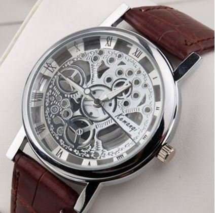 Trendy Men's Stainless Steel & Leather Skeleton Wrist Watch in Silver & Brown
