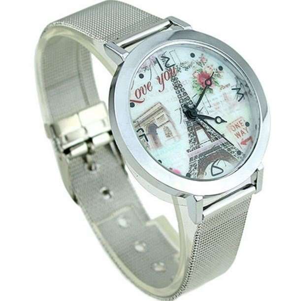 Stunning LOVE YOU Silver Eiffel Tower Wrist Watch With Mesh Band