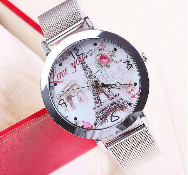Stunning LOVE YOU Silver Eiffel Tower Wrist Watch With Mesh Band