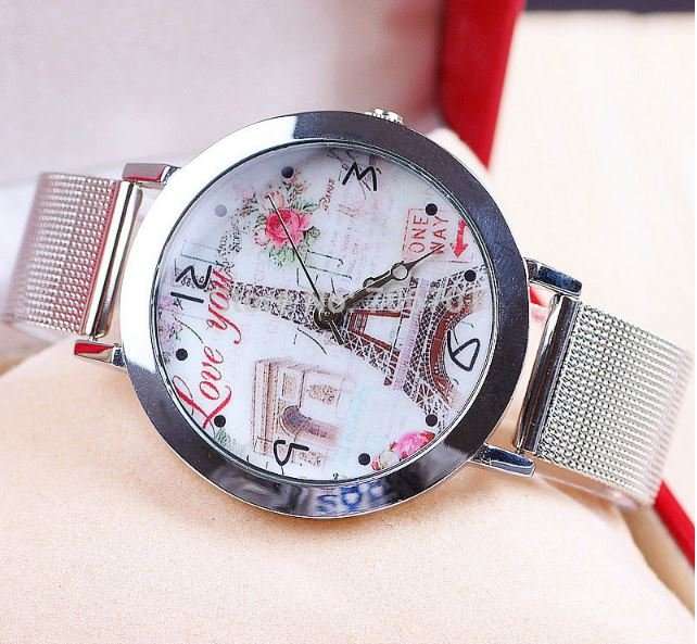 Stunning LOVE YOU Silver Eiffel Tower Wrist Watch With Mesh Band