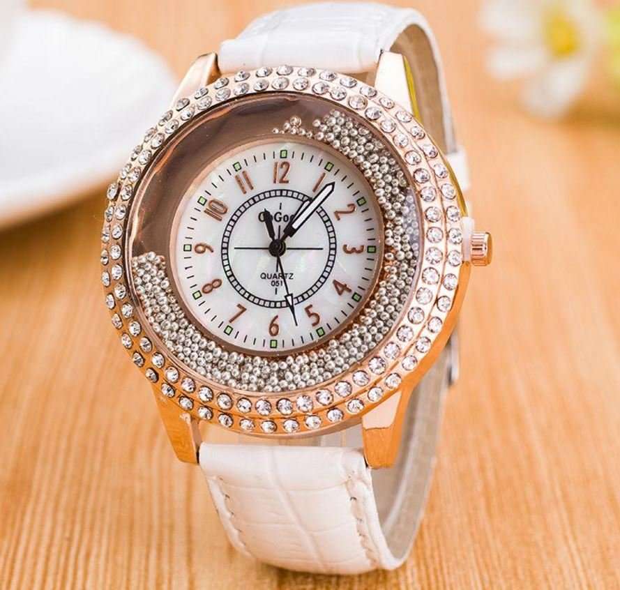 Luxury Rosgegold Gogoey Ladies Leather Crystal Diamond Quartz Wrist Watch by Reloj Mujer