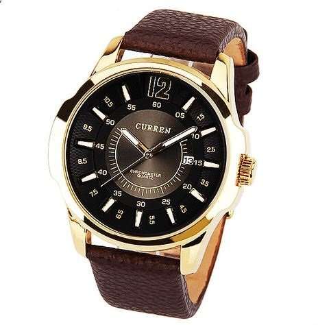 Elegant & Professional AUTO DATE CURREN Mens Business Watch With Leather Strap in Black and Gold