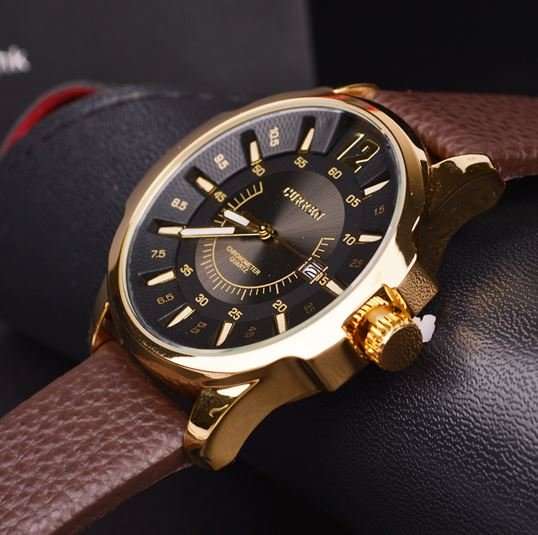 Elegant & Professional AUTO DATE CURREN Mens Business Watch With Leather Strap in Black and Gold