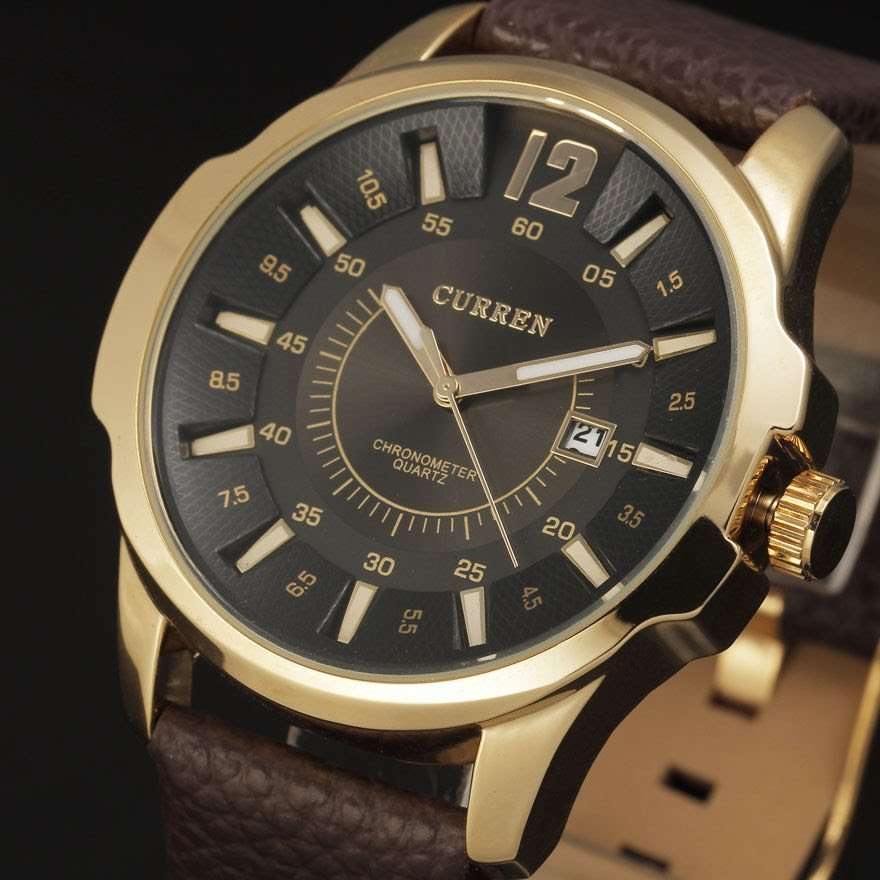 Elegant & Professional AUTO DATE CURREN Mens Business Watch With Leather Strap in Black and Gold