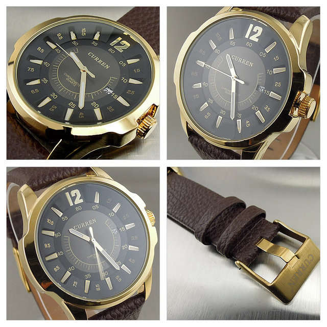 Elegant & Professional AUTO DATE CURREN Mens Business Watch With Leather Strap in Black and Gold