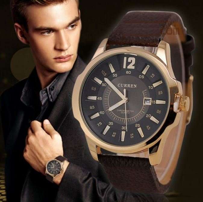 Elegant & Professional AUTO DATE CURREN Mens Business Watch With Leather Strap in Black and Gold
