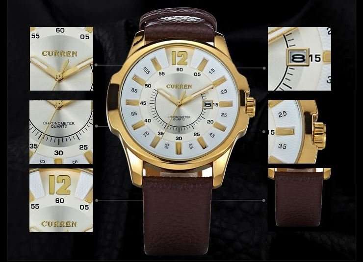 Elegant & Professional Curren AUTO DATE Mens Business Watch With Leather Strap in White and Gold