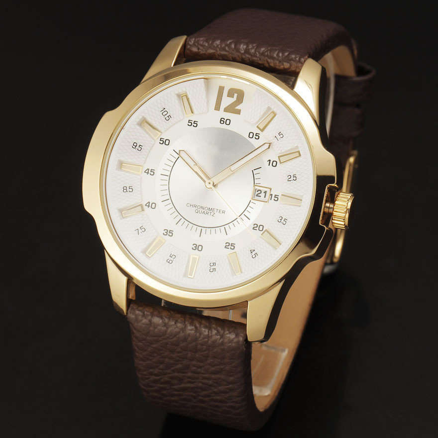 Elegant & Professional Curren AUTO DATE Mens Business Watch With Leather Strap in White and Gold
