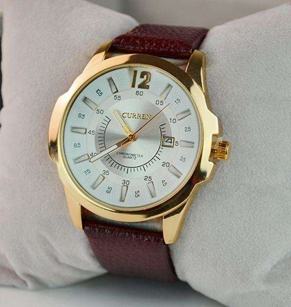 Elegant & Professional Curren AUTO DATE Mens Business Watch With Leather Strap in White and Gold