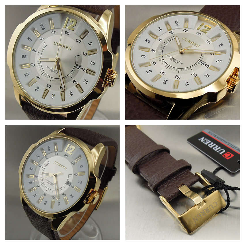 Elegant & Professional Curren AUTO DATE Mens Business Watch With Leather Strap in White and Gold