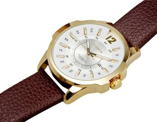 Elegant & Professional Curren AUTO DATE Mens Business Watch With Leather Strap in White and Gold