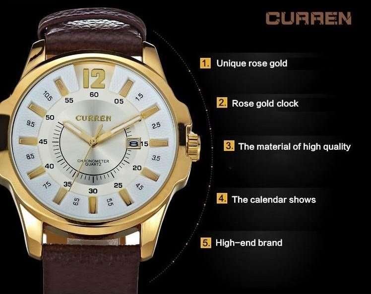 Elegant & Professional Curren AUTO DATE Mens Business Watch With Leather Strap in White and Gold