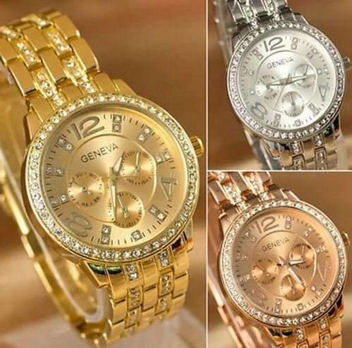Elegant Ladies Geneva Crystal Quartz Chronograph Wrist Watch in Rose Gold, Gold and Silver