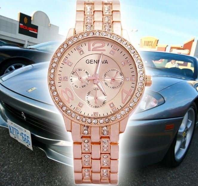 Elegant Ladies Geneva Crystal Quartz Chronograph Wrist Watch in Rose Gold, Gold and Silver