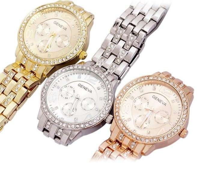 Elegant Ladies Geneva Crystal Quartz Chronograph Wrist Watch in Rose Gold, Gold and Silver
