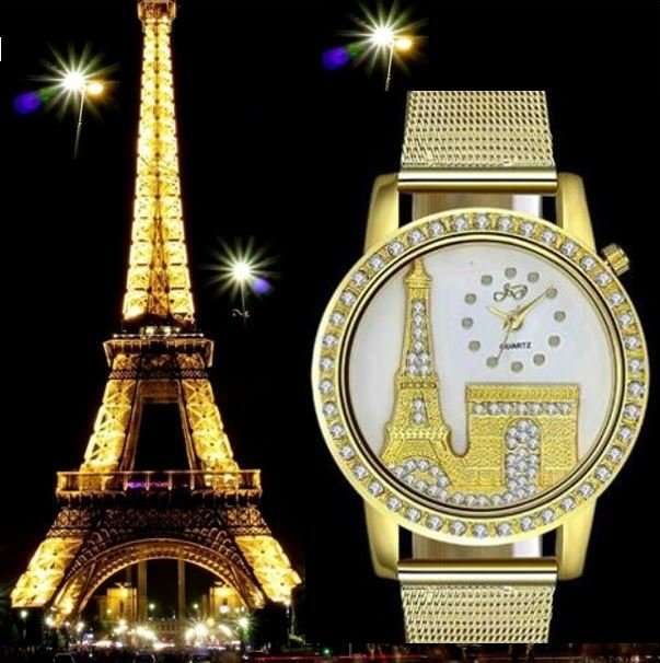 Elegant Rose Gold & Austrian Crystal Eiffel Tower Wrist Watch With Mesh Band