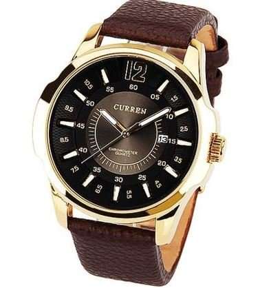 Elegant Curren AUTO DATE Mens Business Watch With Genuine Leather Strap in Black and Gold