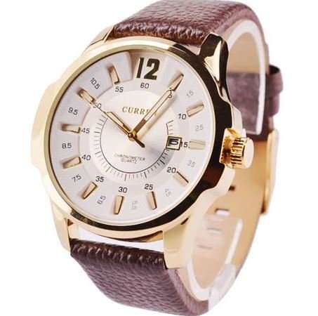 Elegant & Professional Curren AUTO DATE Mens Business Watch With Leather Strap in White and Gold