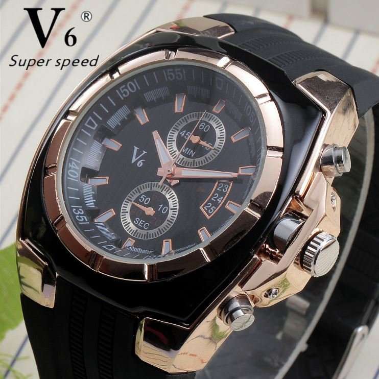 Elegant & Sporty V6 Stainless Steel & Silicone Men's Quartz Wrist Watch in Black & Gold