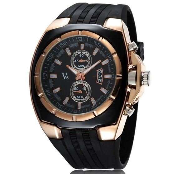 Elegant & Sporty V6 Stainless Steel & Silicone Men's Quartz Wrist Watch in Black & Gold