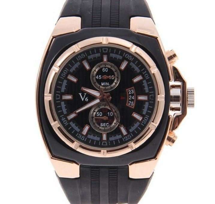 Elegant & Sporty V6 Stainless Steel & Silicone Men's Quartz Wrist Watch in Black & Gold