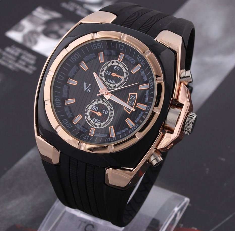 Elegant & Sporty V6 Stainless Steel & Silicone Men's Quartz Wrist Watch in Black & Gold