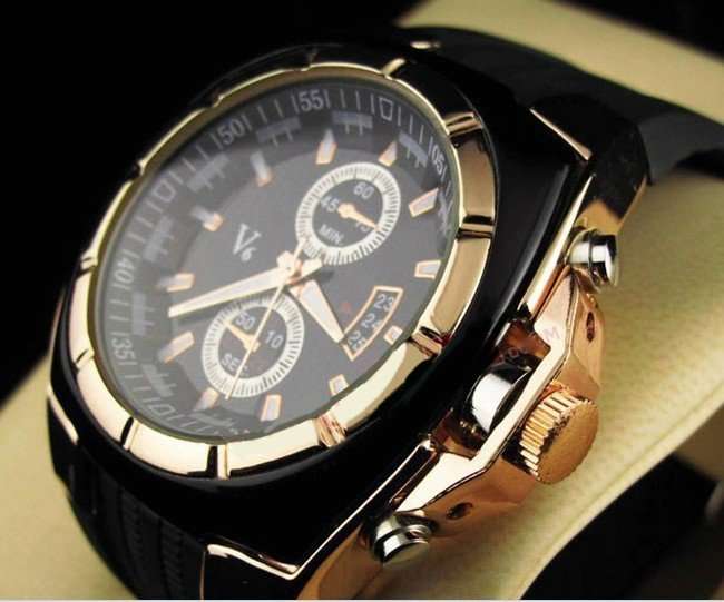 Elegant & Sporty V6 Stainless Steel & Silicone Men's Quartz Wrist Watch in Black & Gold