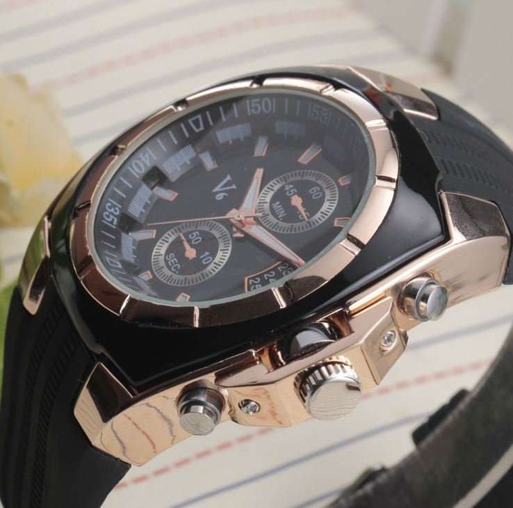 Elegant & Sporty V6 Stainless Steel & Silicone Men's Quartz Wrist Watch in Black & Gold