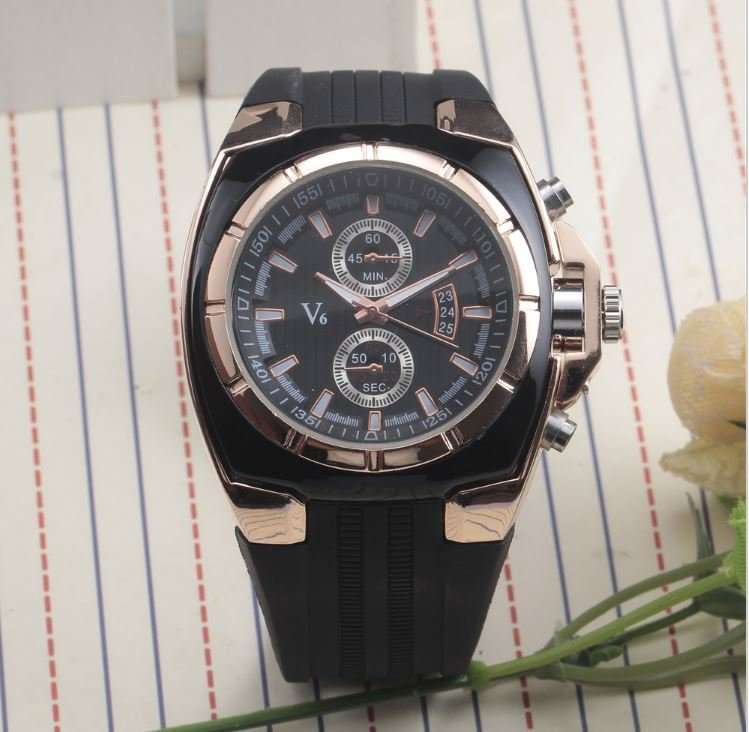 Elegant & Sporty V6 Stainless Steel & Silicone Men's Quartz Wrist Watch in Black & Gold