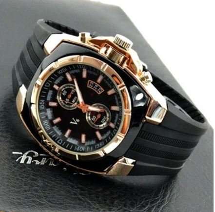 Elegant & Sporty V6 Stainless Steel & Silicone Men's Quartz Wrist Watch in Black & Gold