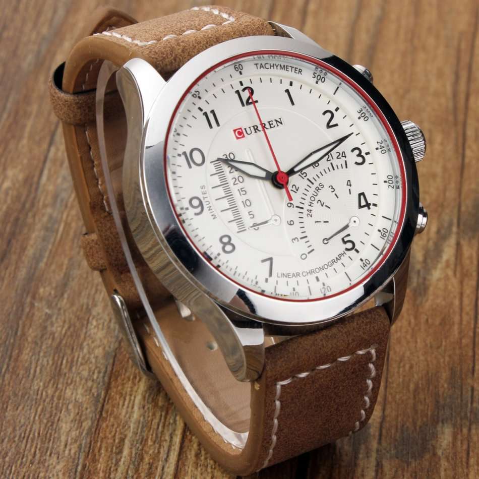 Elegant CURREN Military Leather Mens Wrist Watch - White & Brown - Excellent Valentines Gift