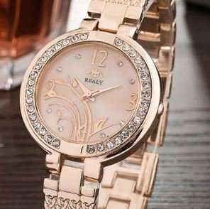 Elegant REALY Rose Gold & Rhinestone Ladies Wrist Watch With Stunning Inlay Detail