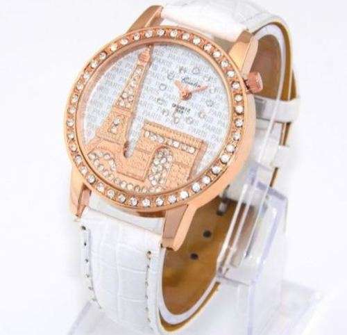 Elegant Valentine's Paris Eiffel Tower Rose Gold & Austrian Crystal Leather Quartz Wrist Watch