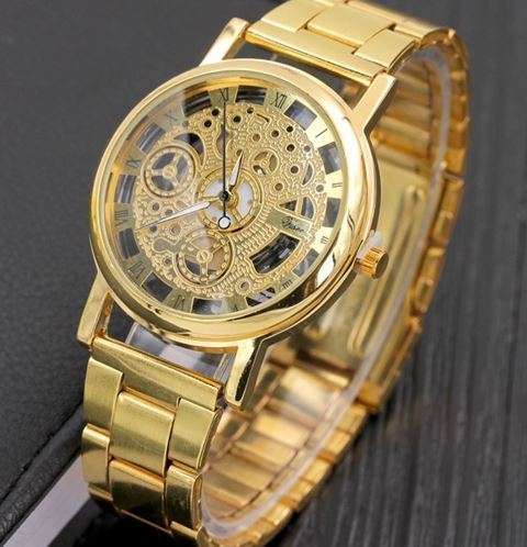 Business Men's Stainless Steel Skeleton Wrist Watch in Gold - Complimentary Gift Box