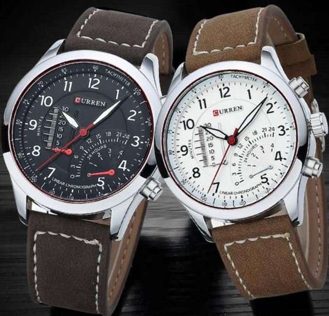 Elegant CURREN Military Leather Mens Wrist Watch - Black & Brown OR White & Brown